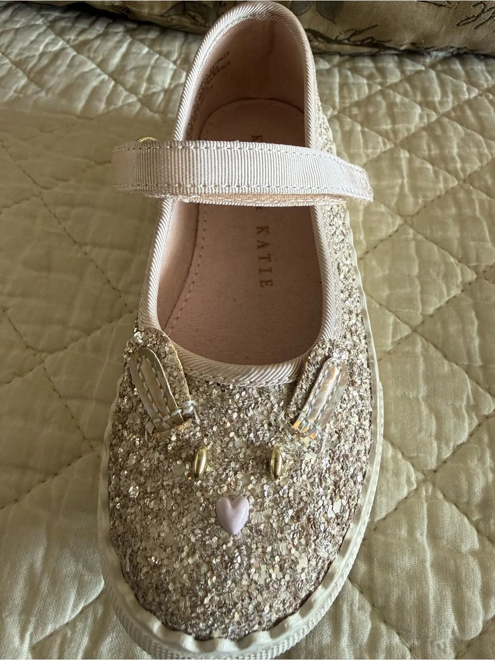 Kelly & Katie Girls' Gold Glitter Bunny Mary Janes with Pink Heart